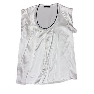 Pinko Ivory Silk Blend Pleated Cap Sleeve Blouse Scoop Neck Contrast Trim Size 4